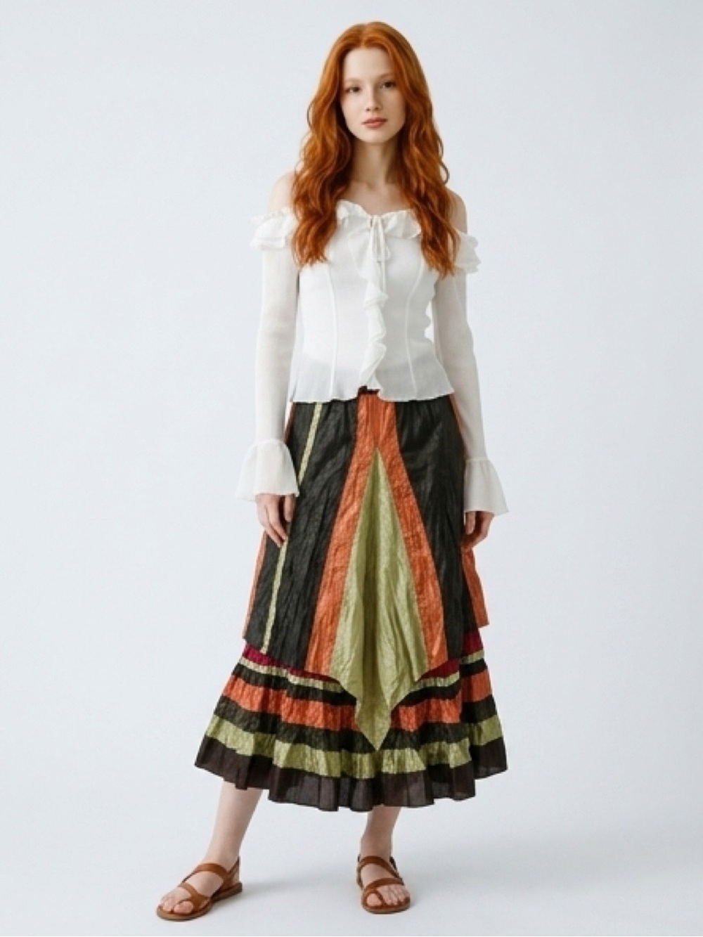 Bohemian Tiered Midi Skirt in Olive, Orange & Lime